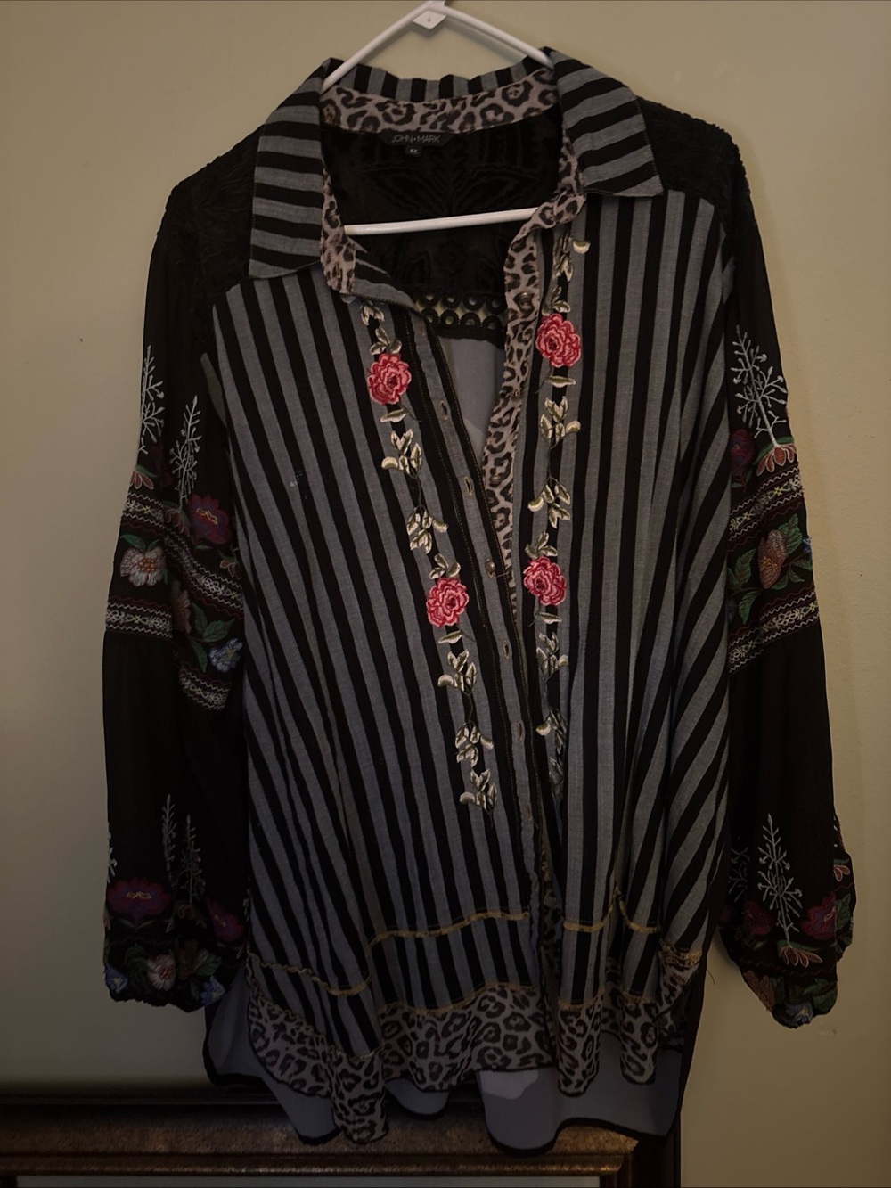 John Mark Black & Gray Striped Tunic with Pink Rose Embroidery